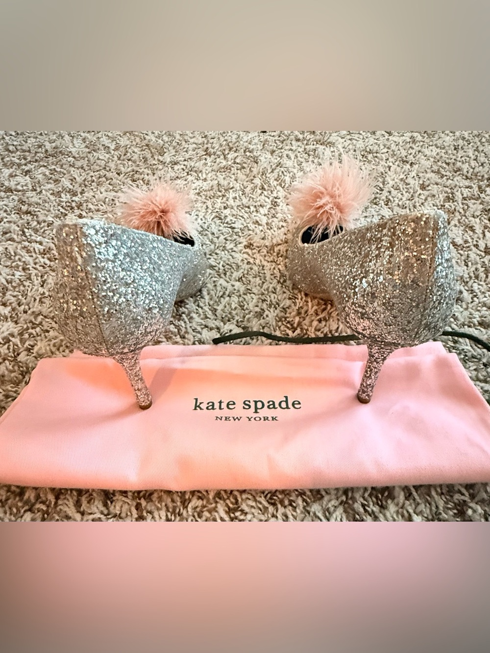 kate spade Silver Glitter Pointed Pumps with Pink Feather Poms - Picture 3 of 8